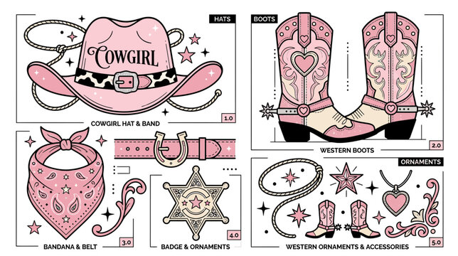 Pink Cowgirl Hat, Boots, and Accessories Vector Art
