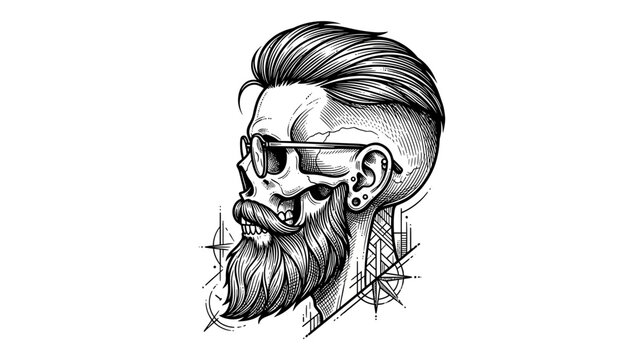 Skull with Beard and Glasses, Hand-Drawn Style