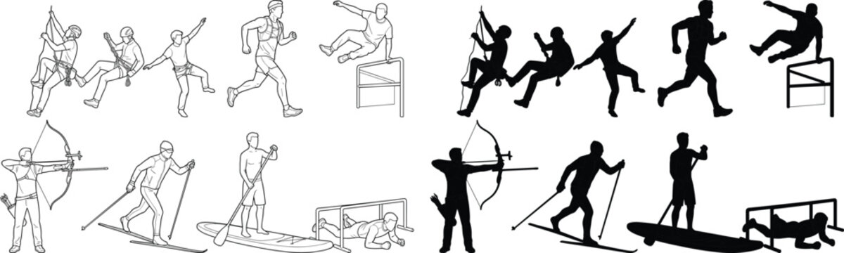 Collection of outdoor adventure sports silhouettes and outline illustrations featuring climbing, archery, skiing, and running