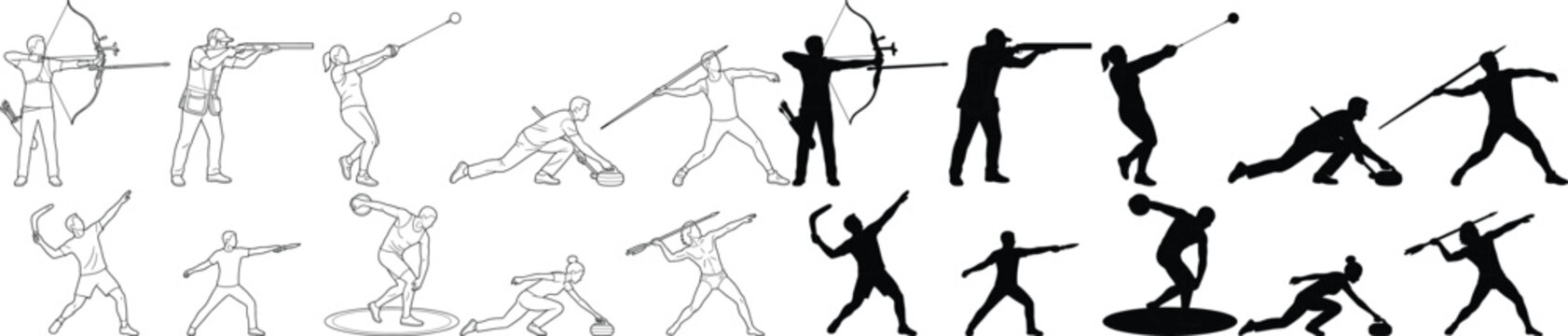 Silhouette and outline sports athletes in action including archery, javelin, curling, and discus throwing competitions.