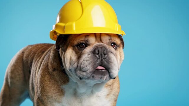 Bulldog wearing yellow hard hat looking around
