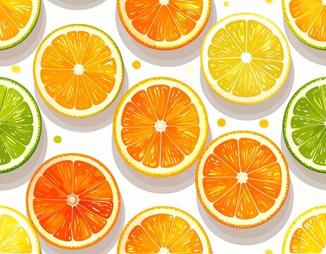 citrus fruit slice pattern, flat 2D illustration, orange lemon lime cross sections arranged evenly
