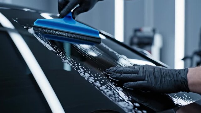 Professional worker cleaning black car with squeegee