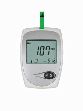 Digital Blood Glucose Meter Displaying 107 mg dL Reading Isolated on White Background