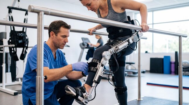 Male physical therapist adjusting robotic exoskeleton on female patient during gait training