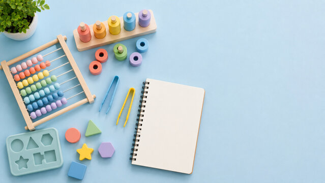 Interactive math therapy tools with wooden abacus and colorful geometric puzzles