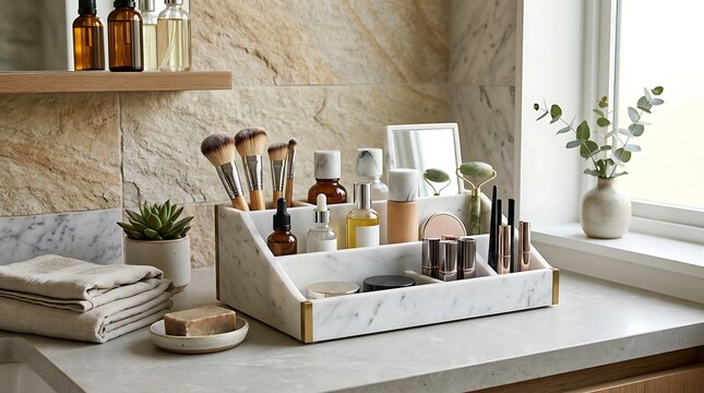 Cosmetic organizer with makeup brushes and skincare bottles on a bathroom counter. marble makeup organizer