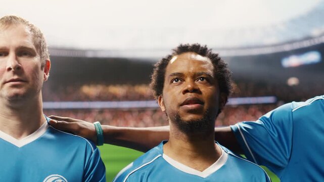 Diverse soccer players stand together during pre-match anthem ceremony, teammates and goalkeeper in lineup before football game on pitch, blurred stadium crowd in arena, for football match content.