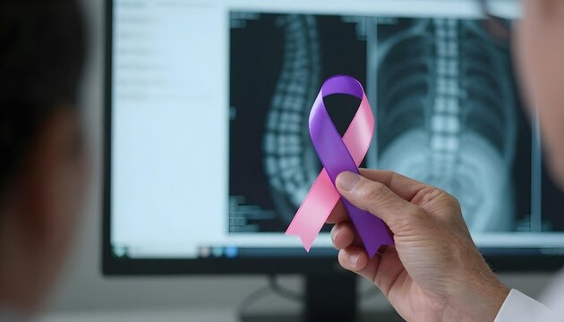 Doctor holds purple ribbon in front of computer screen, raising awareness for Spinal Muscular Atrophy