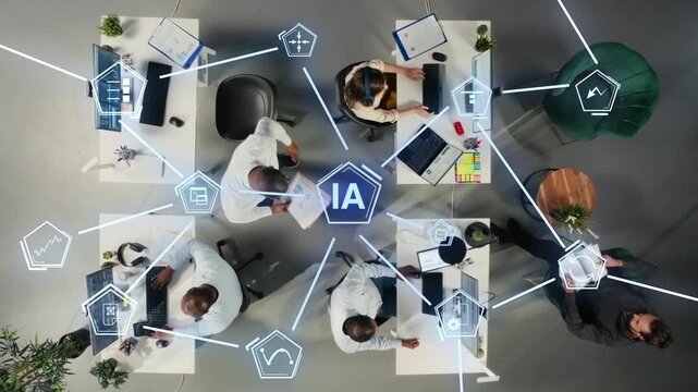 Office workers streamline workflow with artificial intelligence and futuristic HUD icons, using enterprise online solutions to drive digital operations and business growth.