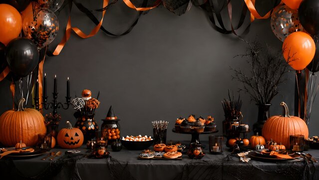Festive halloween party table scene with pumpkins candy and decorations