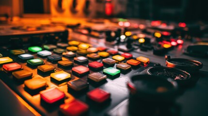 Fototapeta premium Close up of an illuminated control panel with many buttons