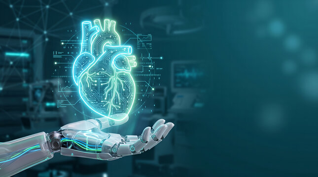 Futuristic robotic hand holding glowing holographic human heart in high tech medical laboratory environment