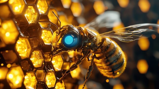 Futuristic bee in a glowing honeycomb