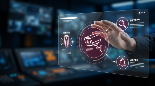Modern Security Systems and Surveillance Concept Featuring a Futuristic Holographic Interface with CCTV Icons and Smart Detection Features