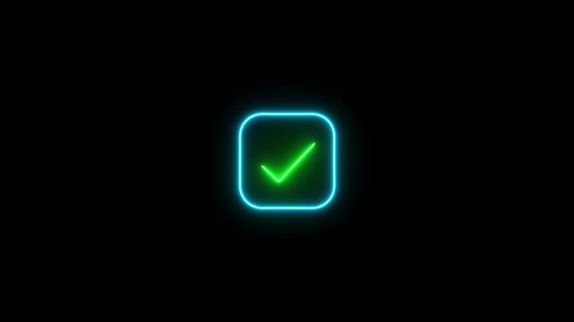 Glowing neon check mark icon animation on black background.Motion Graphic 4k Video.