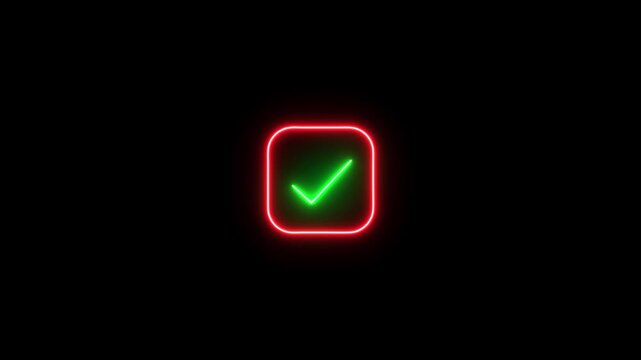 Glowing neon check mark icon animation on black background.Motion Graphic 4k Video.