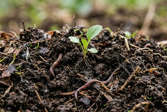 Earthworms aerating rich garden soil around a tiny growing plant sprout