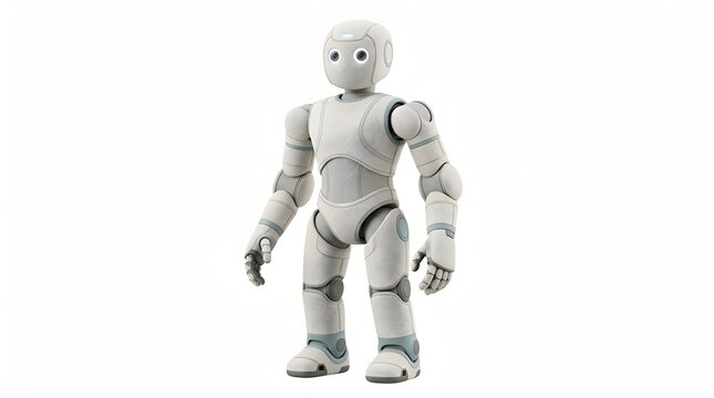 A soft fabric collaborative robot with matte textile texture, rounded protective joints, concealed actuators, compact ergonomic proportions