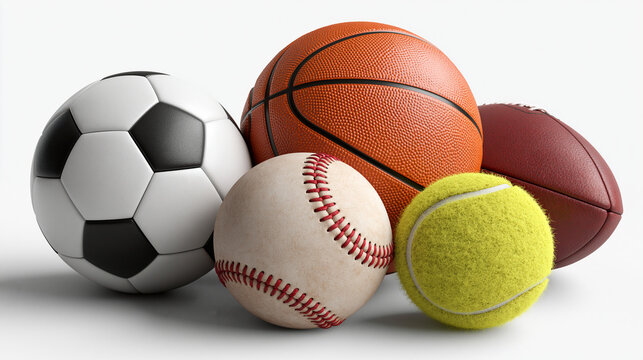 Collection of various sports equipment balls including soccer basketball american football tennis and baseball on white background.