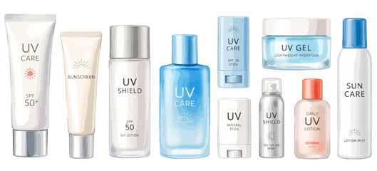 日焼け止めのイラストセット,水彩風のUVカットコスメ容器、チューブ・ローション・ジェル・スティック・UVスプレー、紫外線対策・サンケア販促POP素材、手描きイラスト集,ベクター,手描き風のUV対策グッズ・日焼けどめ,涼しげなブルーと白のパッケージのおしゃれな夏美容ツールバリエーション © DROP DESIGN STUDIO