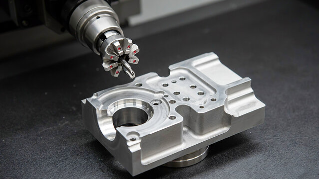 Close-up of a CNC milling machine tool precision machining a complex metal industrial component in a modern workshop