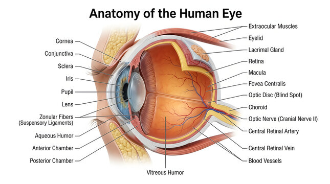 3D Human Eye Anatomy with Labeled Internal Structures &ndash; Medical Illustration for Science Learning and Biology Education Poster