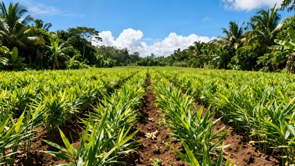 Fototapeta premium Organic Ginger Field with Healthy Tropical Crops