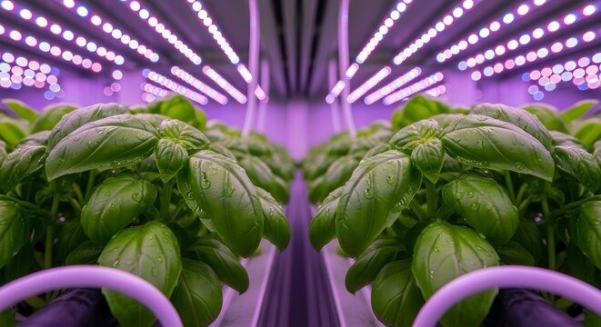 Indoor vertical farm growing fresh green basil under purple LED lights.