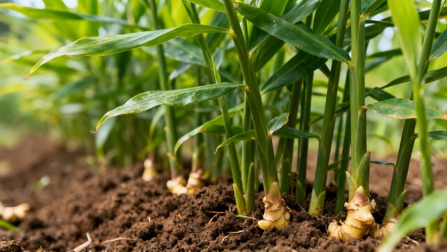 Close Up of Healthy Ginger Plants in Fertile Soil