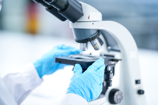 Close up optical microscope objective lens in science laboratory. Scientist hand in blue glove adjusting stage for high magnification biology analysis securely. Scientist checking biopsy slide sample.