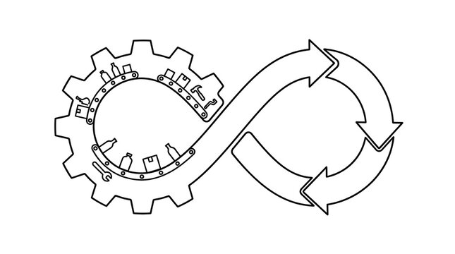 An infinity loop where one side morphs into a manufacturing gear and the other into a recycling arrow loop