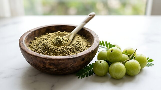 Amla powder in a wooden bowl with fresh indian gooseberry fruits on a table. amla powder