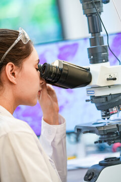 Medical pathologist adjusting microscope eyepiece for cancer diagnosis. Female scientist analyzing tissue biopsy sample in sterile hospital laboratory facility.