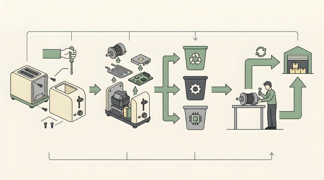 Electronic Device Recycling Process Illustration with circular recycling icons and directional alignment guides