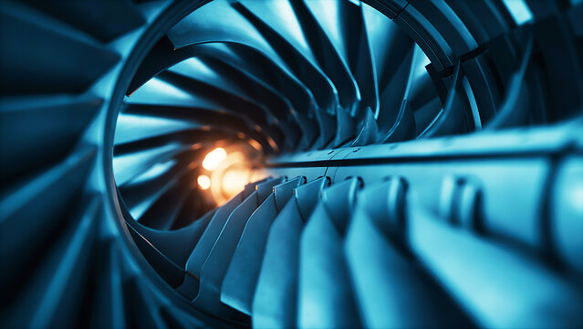 Intricate close-up of a jet engine turbine with glowing core, showcasing advanced engineering and powerful mechanical design for aviation industry