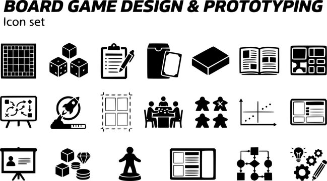 Board Game Design and Prototyping Silhouette Icon Set with Blank Game Board, Prototype Card Sleeve, Game Box Mockup and Kickstarter Campaign, 20 Icons for Indie Game Designers and Print-on-Demand