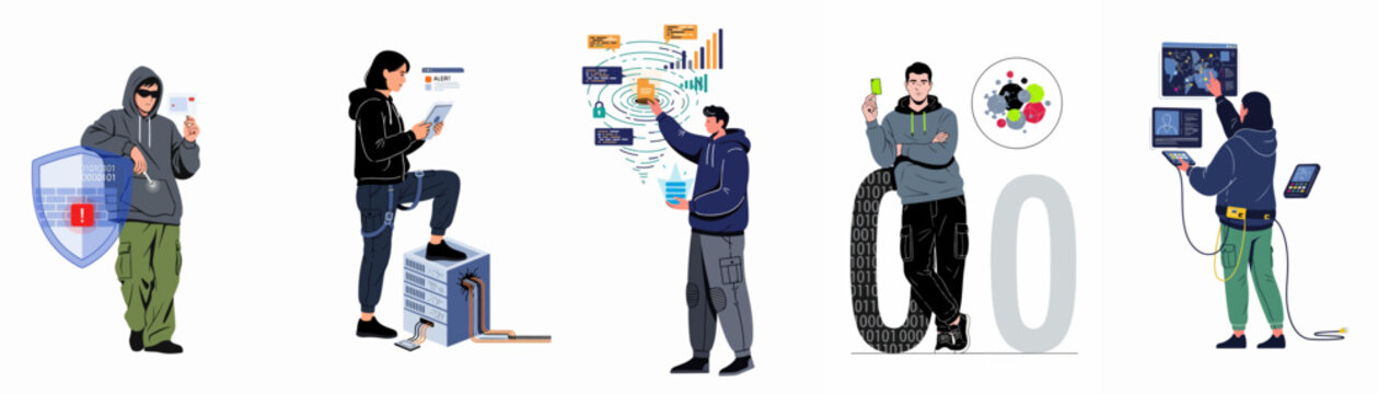 Cyber security and hacking concept illustrations featuring people interacting with data, servers, and digital threats on a white background.