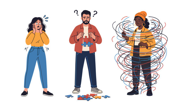 Three people experiencing different levels of mental distress and confusion, illustrated with abstract elements.