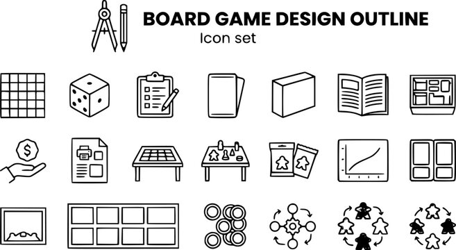 Board Game Design and Prototyping Outline Icon Set with Blank Game Board, Prototype Card Sleeve, Game Box Mockup and Kickstarter Campaign, 20 Icons Editable Strokes