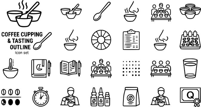 Home Coffee Cupping and Tasting Outline Icon Set with Cupping Bowl Row, Flavor Wheel Chart, Cupping Spoon and Q Grader Certificate, 20 Icons Editable Strokes