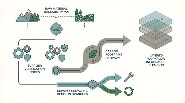 An industrial supply chain transparency blueprint featuring raw material traceability map, supplier verification nodes, carbon footprint pathway, repair and recycling decision branches