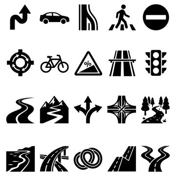 Road Infrastructure and Highway Traffic Icon Silhouette Set