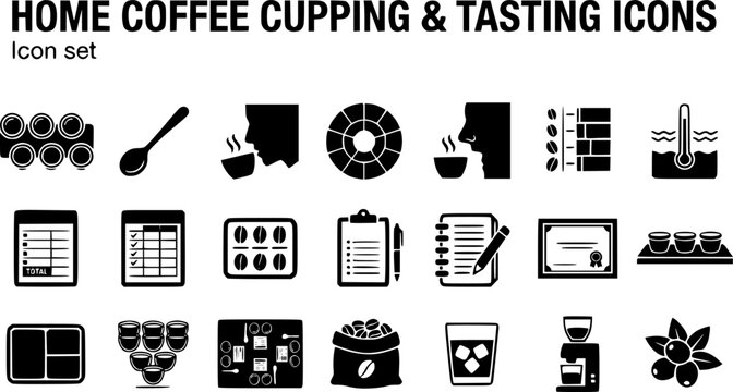 Home Coffee Cupping and Tasting Silhouette Icon Set with Cupping Bowl Row, Flavor Wheel Chart, Cupping Spoon and Q Grader Certificate, 20 Icons for Specialty Coffee Educators and Tasting Events, Flat 