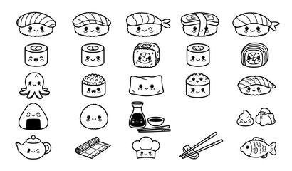 Cute Sushi and Rolls Outline Coloring Vector Pack © MstNasrin