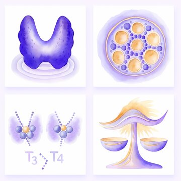 Four watercolorstyle panels depicting the human thyroid gland its follicular structure chemical hormone synthesis and hormonal balance scale