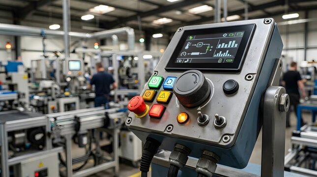 An ergonomic industrial control panel with oversized tactile controls, textured rotary knob, illuminated machine status indicators and anti-glare display