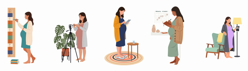 Obraz premium Collection of flat vector illustrations showing pregnant women tracking their health, vlogging, weighing themselves, planning, and documenting their pregnancy milestones at home.
