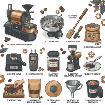 Collection of items and tools for coffee roasting and brewing. Detailed illustration showing coffee roaster, cooling tray, coffee grinder, bean bag, moisture meter, scales.