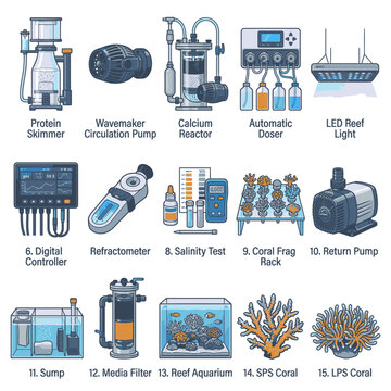 A collection of aquarium equipment and supplies for marine aquariums, including protein skimmer, wavemaker, calcium reactor, automatic doser, LED reef light, digital controller, refractometer.